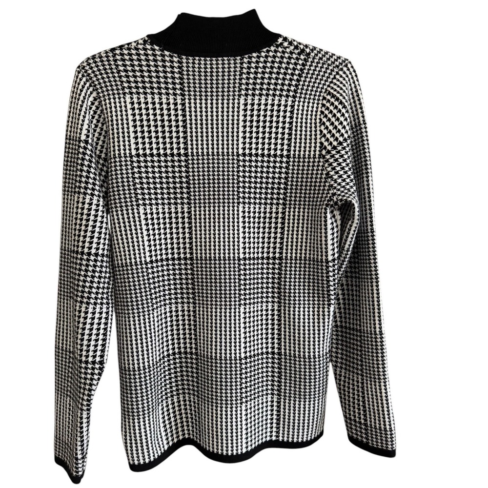 T Tahari Womens Black White Houndstooth Check Mock Neck Knit Sweater Size L - Picture 2 of 10